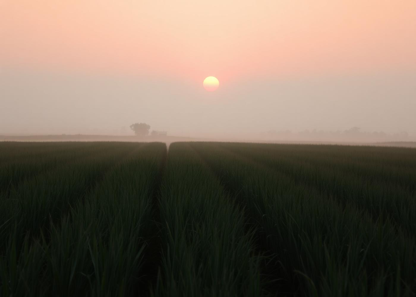 Sunrise over Indian crop rows with morning mist